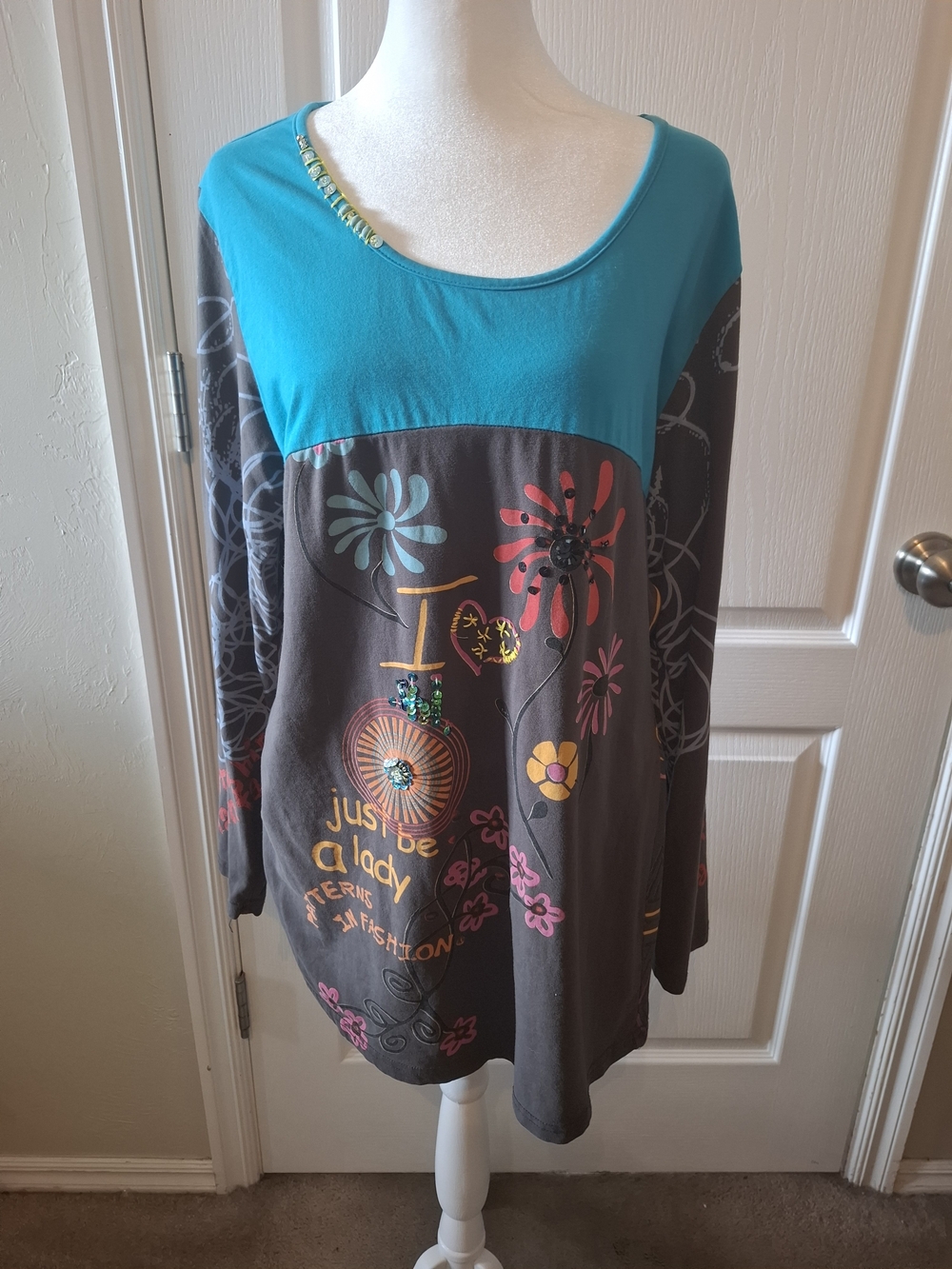 Coldwater Creek Printed Embellished Tunic in Blue & Gray XL Like New
